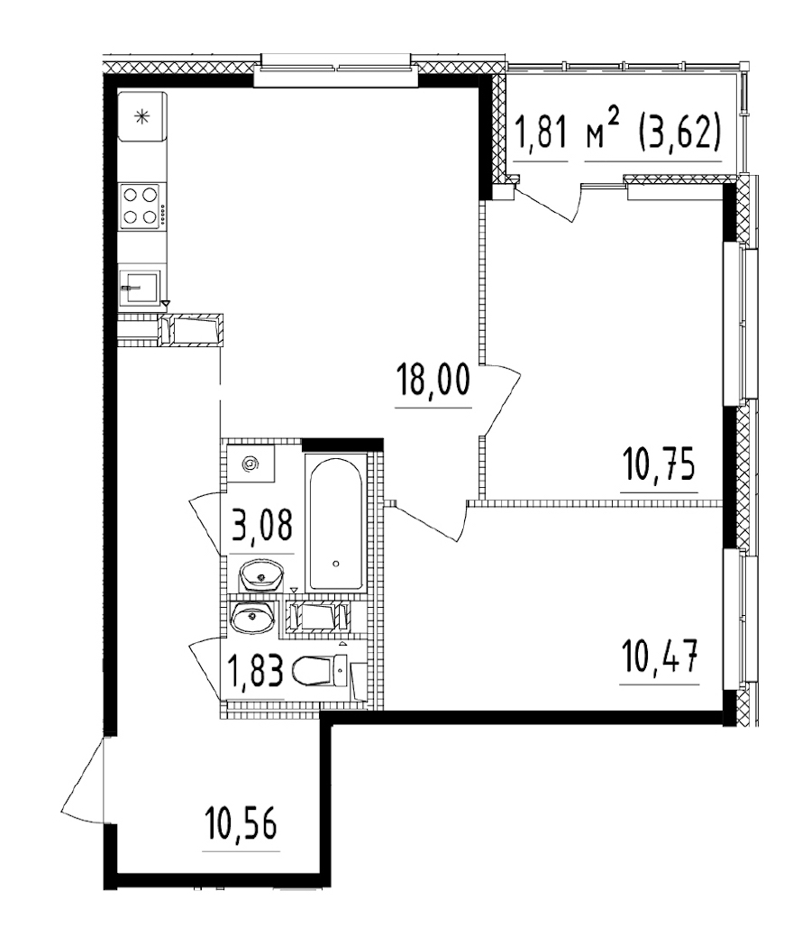 2-комнатная квартира 54.69 м², 14/14 эт., ЖК «Чёрная речка»